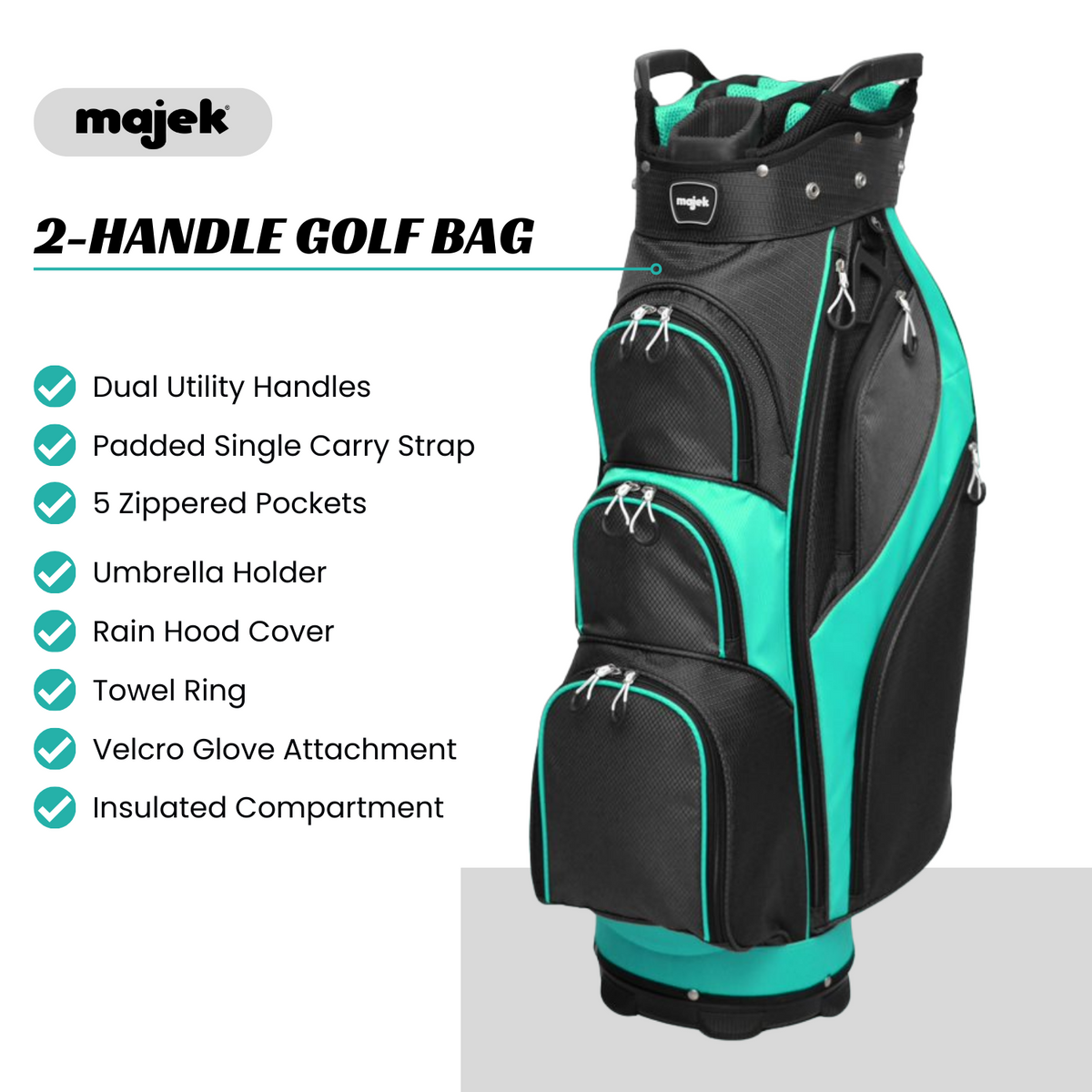 Majek Premium Black Teal Golf Bag 9.5 inch 14-Way Friendly