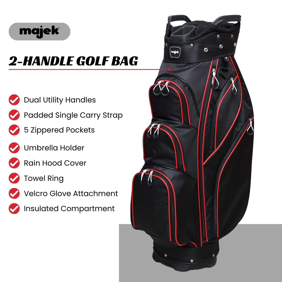 Majek Premium Black Red Golf Bag 9.5 inch 14-Way Friendly