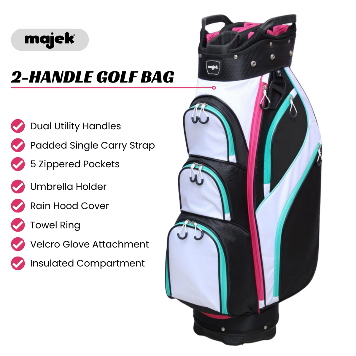 Majek Premium Ladies Black White Teal Pink Golf Bag 9.5 inch 14